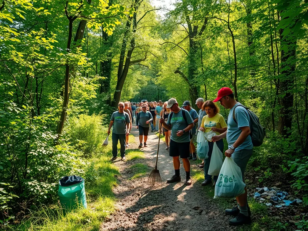 A group of volunteers collecting litter along a scenic trail, with lush greenery in the background, symbolizing the organization's commitment to environmental clean-up.