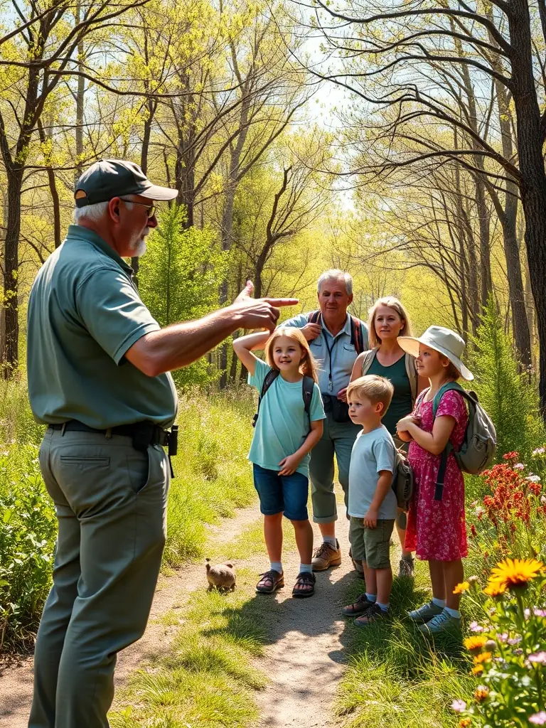 A guide pointing out different plants and animals to a group of hikers on a well-maintained trail, emphasizing education and appreciation for nature.