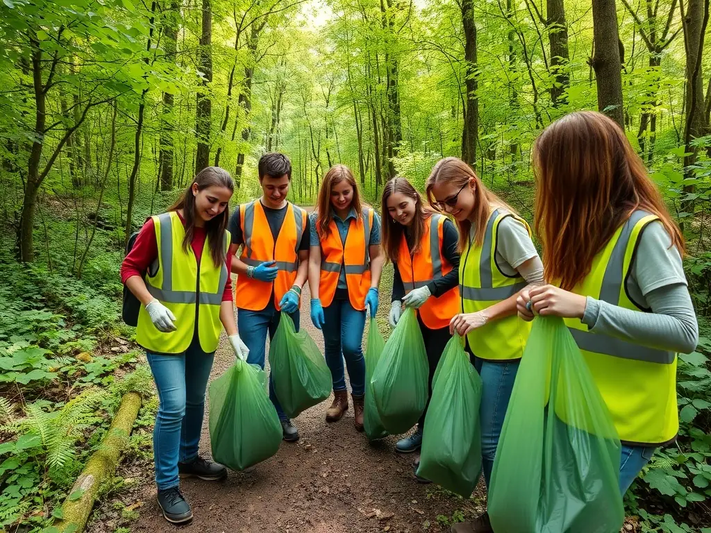 A group of volunteers collecting trash along a forest trail, wearing gloves and using trash bags, with a focus on teamwork and environmental responsibility.