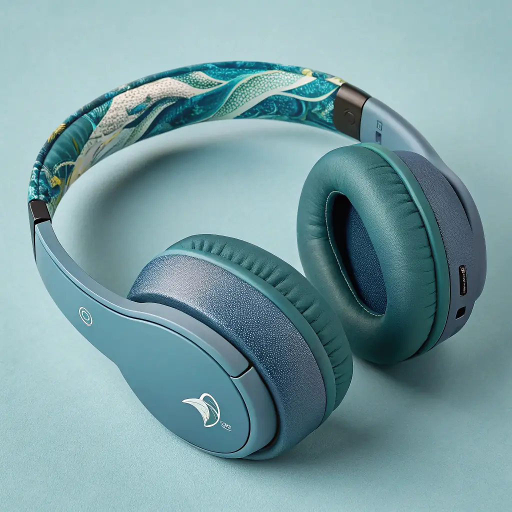 A pair of over-ear headphones made from recycled plastic and wood, showcasing a commitment to sustainable materials and eco-friendly design.