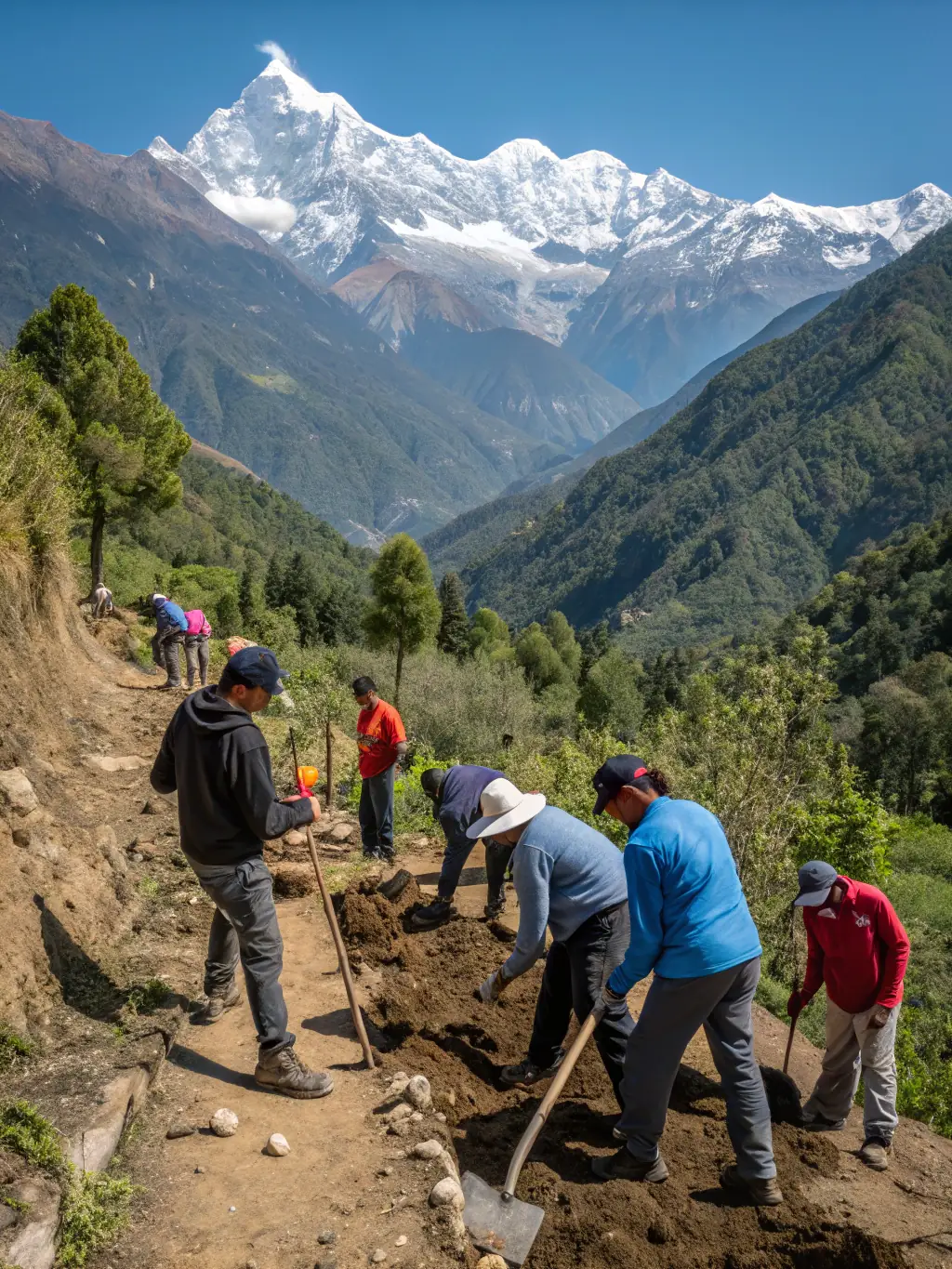 Volunteers repairing a section of a hiking trail, reinforcing the path with stones and clearing away debris, highlighting the importance of trail maintenance.