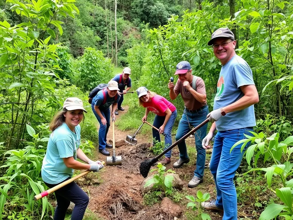 Volunteers repairing a trail with tools, surrounded by natural scenery, illustrating the organization's efforts in trail maintenance and restoration.