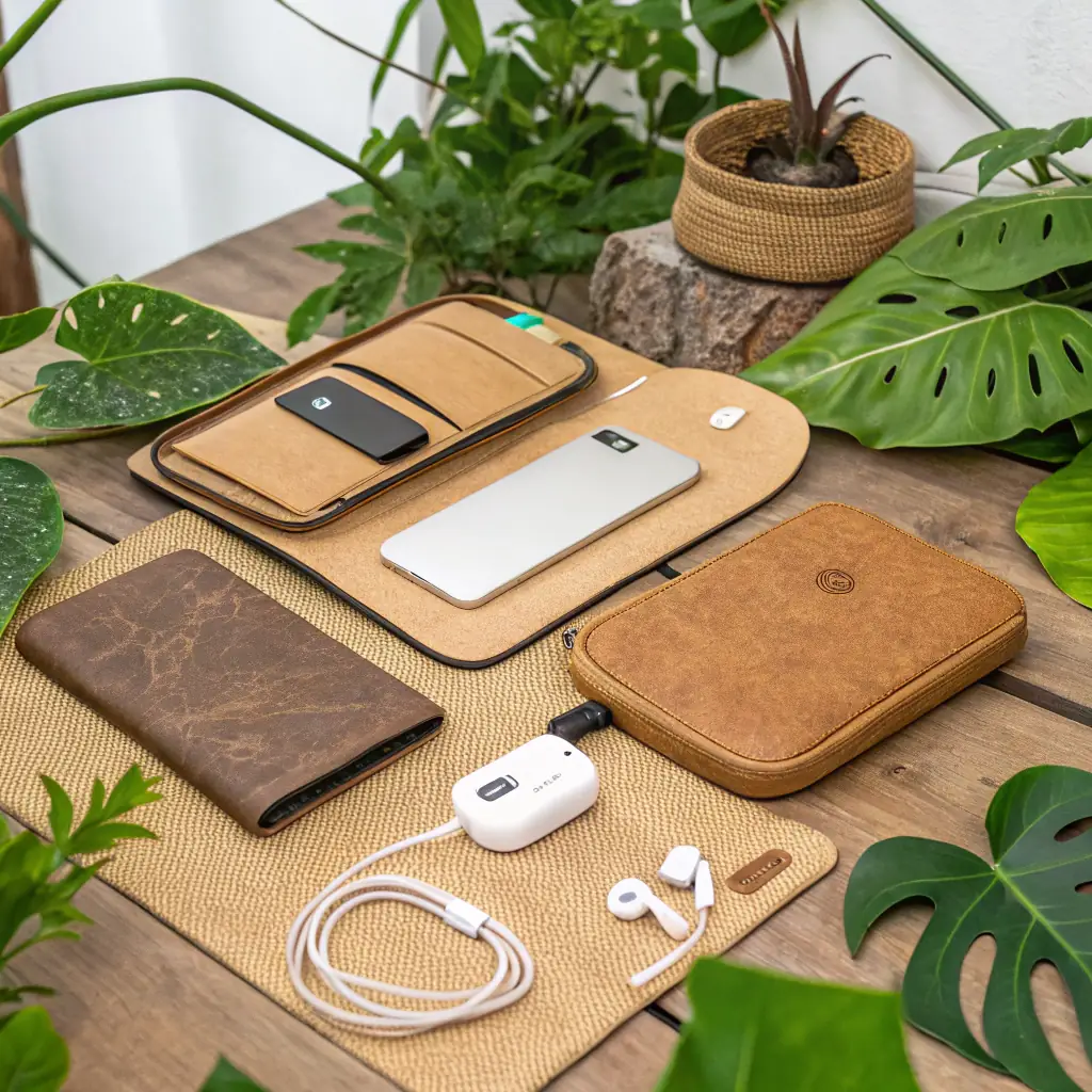 A collection of eco-friendly accessories, including a hemp carrying case, a recycled plastic charging cable, and a wooden headphone stand, emphasizing the use of sustainable materials and responsible manufacturing.