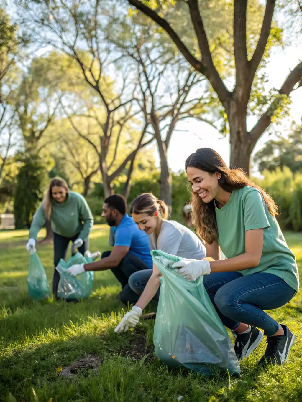 A group of volunteers collecting trash along a forest trail, wearing gloves and carrying trash bags, with a focus on teamwork and environmental responsibility.