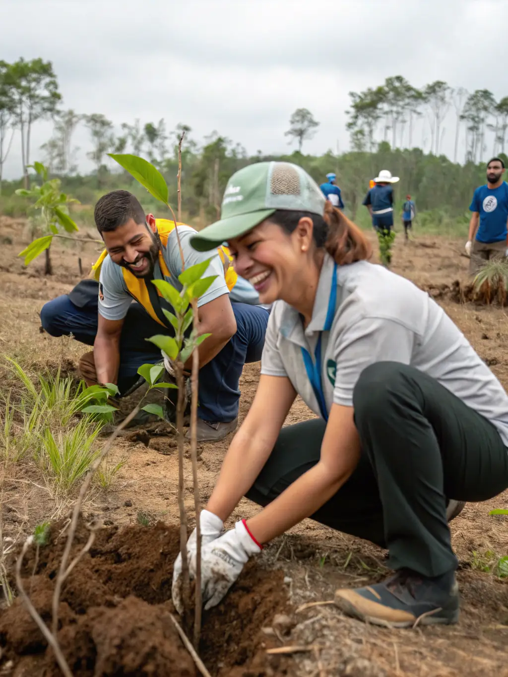 A group of people planting trees in a deforested area, symbolizing reforestation efforts and commitment to environmental sustainability.
