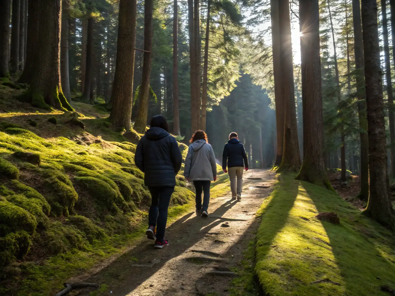 A group of people participating in a guided nature walk, led by a knowledgeable guide, observing local flora and fauna in a serene natural setting.