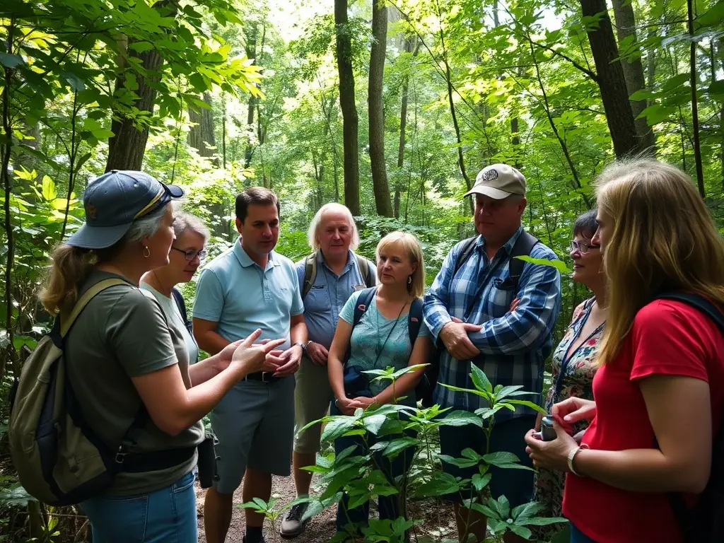 A group of participants listening attentively to a guide explaining local plant species in a forested area, showcasing the educational aspect of guided nature walks.