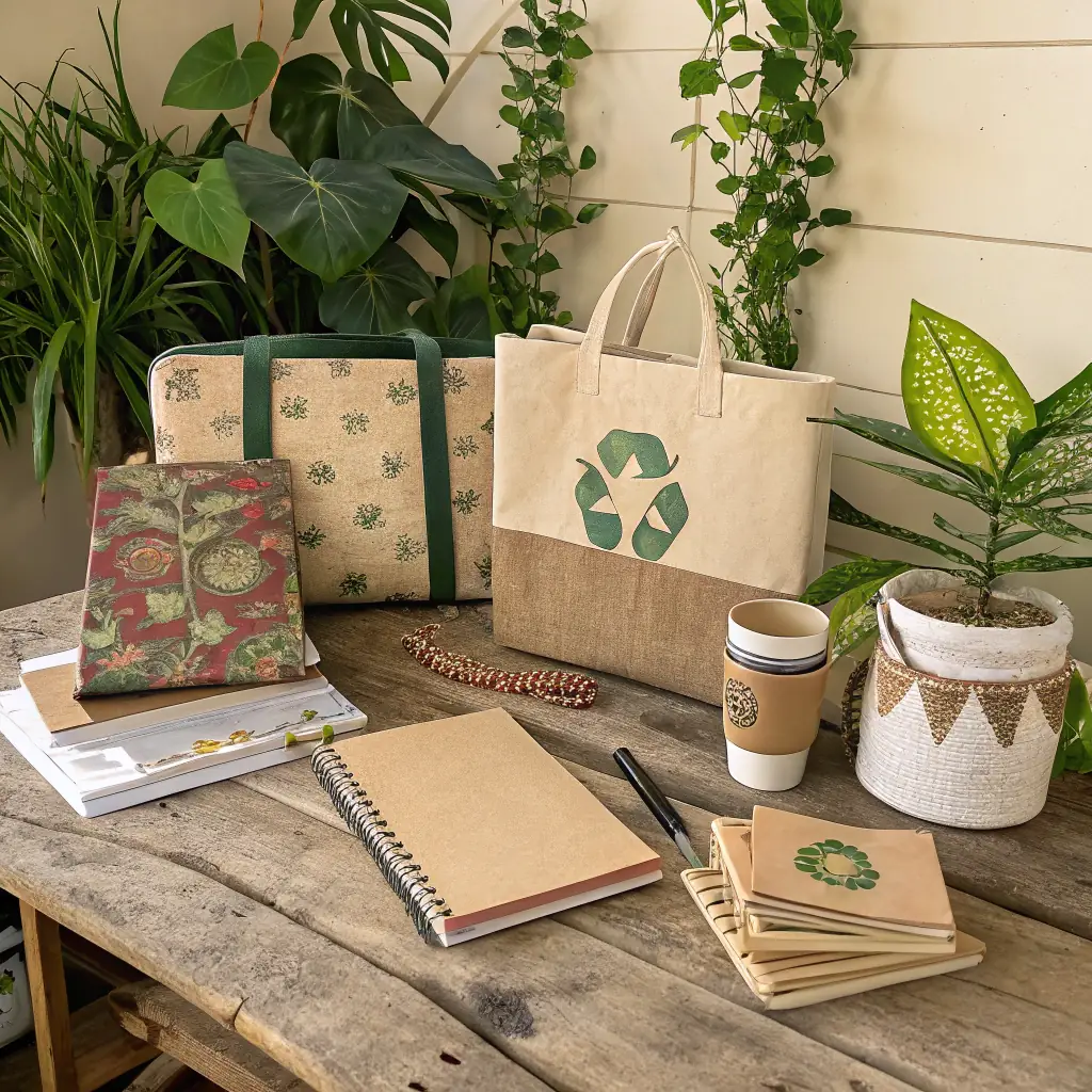 A display of new arrival products made from recycled materials, showcasing innovation and environmental responsibility.