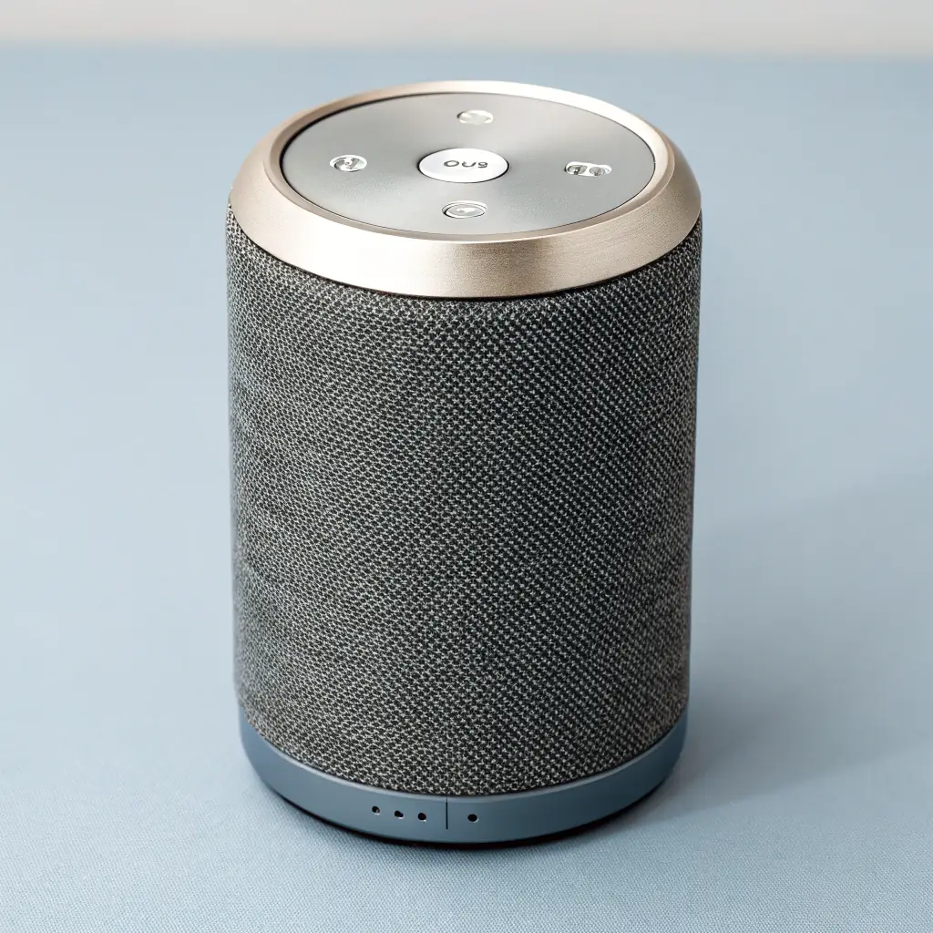 A portable Bluetooth speaker made from bamboo and recycled aluminum, highlighting the use of renewable resources and durable construction.